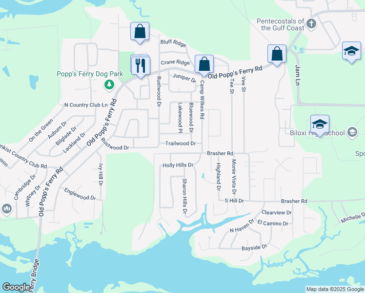 map of restaurants, bars, coffee shops, grocery stores, and more near 2075 Trailwood Drive in Biloxi