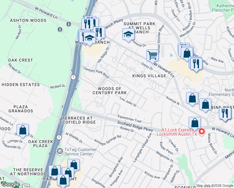 map of restaurants, bars, coffee shops, grocery stores, and more near 2612 Lou John Street in Austin