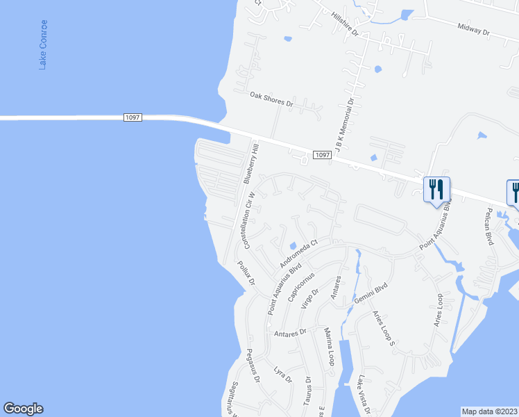 map of restaurants, bars, coffee shops, grocery stores, and more near 14831 Altair Court in Willis