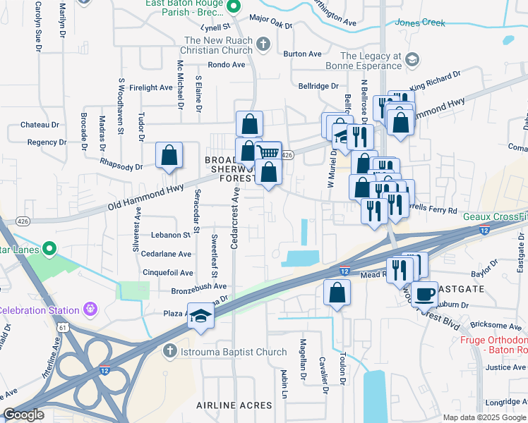 map of restaurants, bars, coffee shops, grocery stores, and more near 2310 Aubin Lane in Baton Rouge