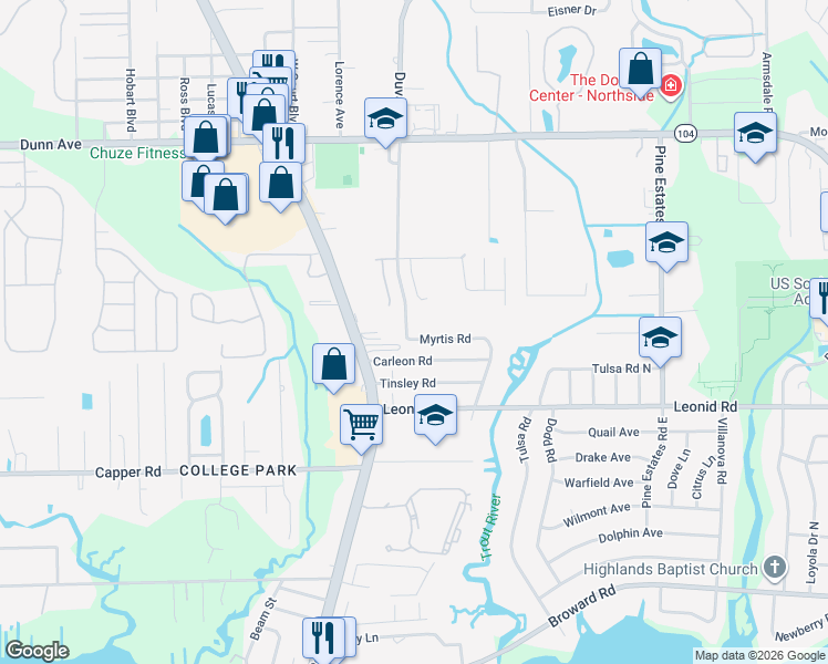 map of restaurants, bars, coffee shops, grocery stores, and more near 2921 Myrtis Road in Jacksonville