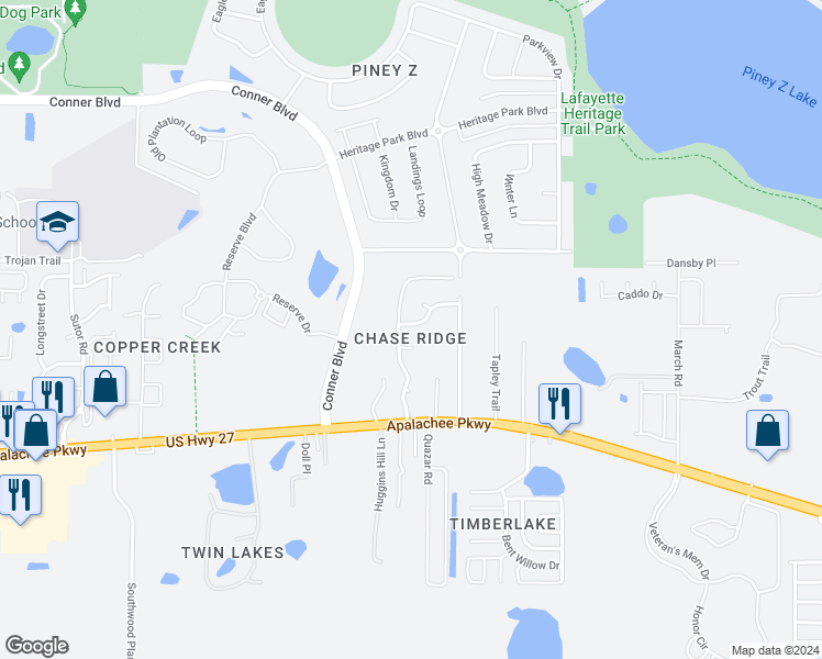 map of restaurants, bars, coffee shops, grocery stores, and more near 3907 Paces Place in Tallahassee