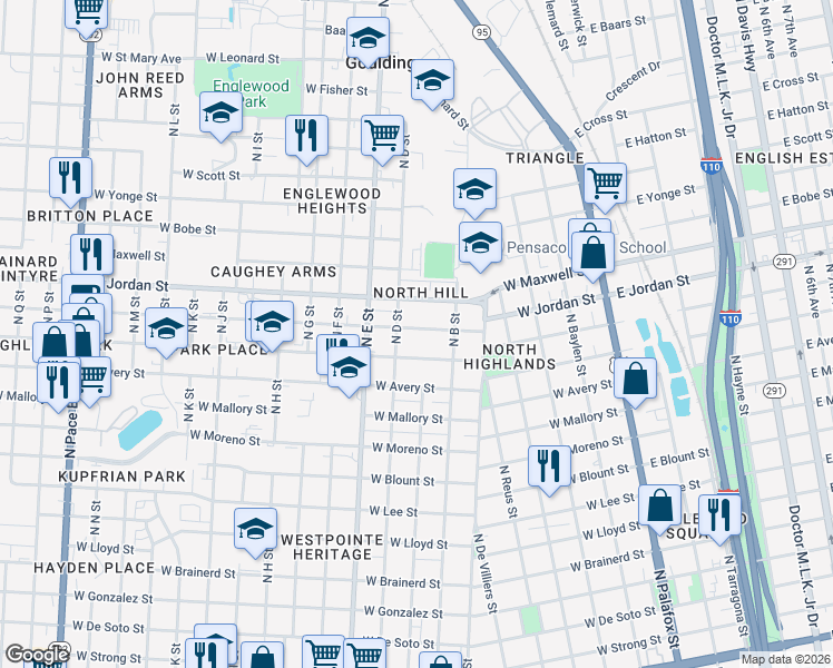 map of restaurants, bars, coffee shops, grocery stores, and more near 741 West Hernandez Street in Pensacola