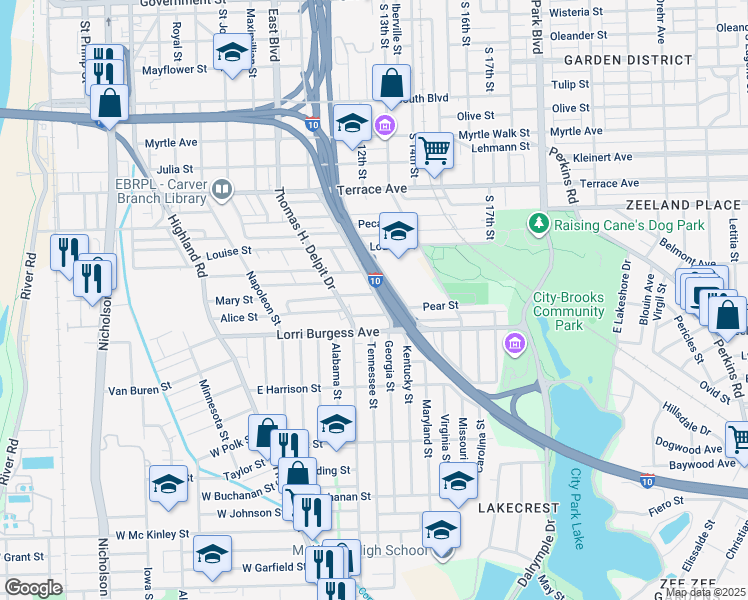 map of restaurants, bars, coffee shops, grocery stores, and more near 1704 Braddock Street in Baton Rouge