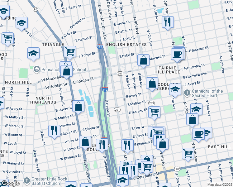 map of restaurants, bars, coffee shops, grocery stores, and more near 318 East Avery Street in Pensacola