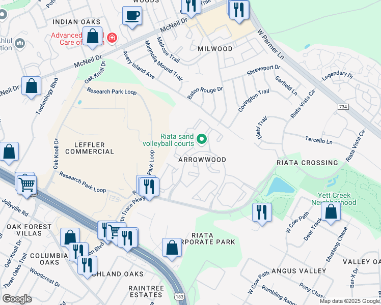 map of restaurants, bars, coffee shops, grocery stores, and more near 12345 Alameda Trace Circle in Austin