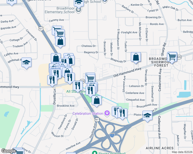 map of restaurants, bars, coffee shops, grocery stores, and more near 10011 Old Hammond Highway in Baton Rouge