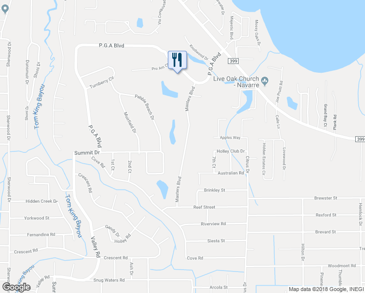 map of restaurants, bars, coffee shops, grocery stores, and more near 2705 Masters Boulevard in Navarre