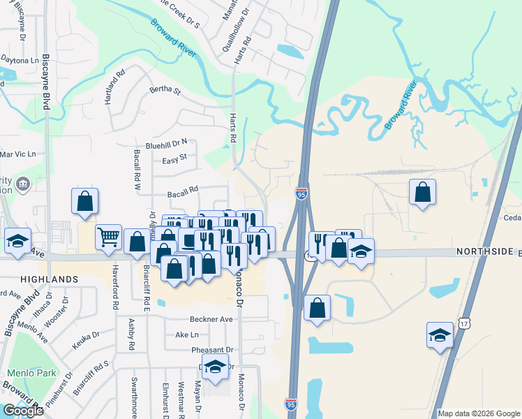 map of restaurants, bars, coffee shops, grocery stores, and more near 10870 Harts Rd in Jacksonville