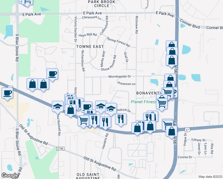 map of restaurants, bars, coffee shops, grocery stores, and more near 1202 Cross Creek Way in Tallahassee