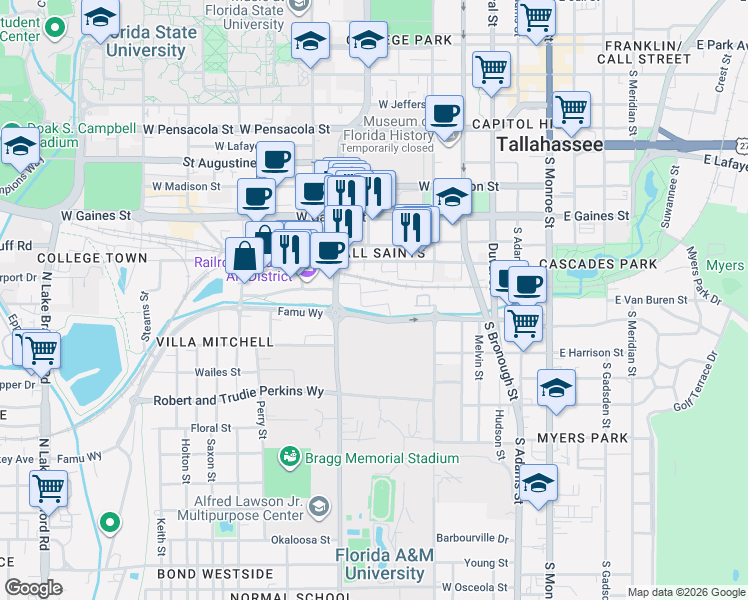 map of restaurants, bars, coffee shops, grocery stores, and more near 451 Famu Way in Tallahassee