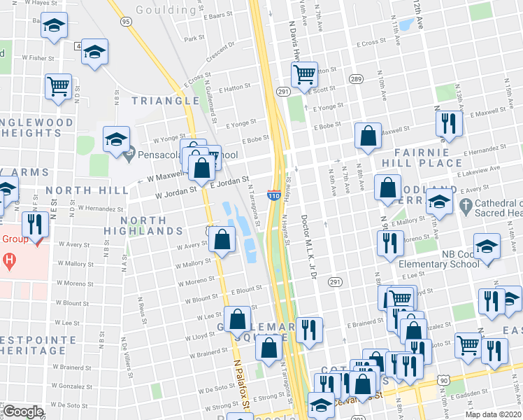 map of restaurants, bars, coffee shops, grocery stores, and more near State Highway 8A in Pensacola