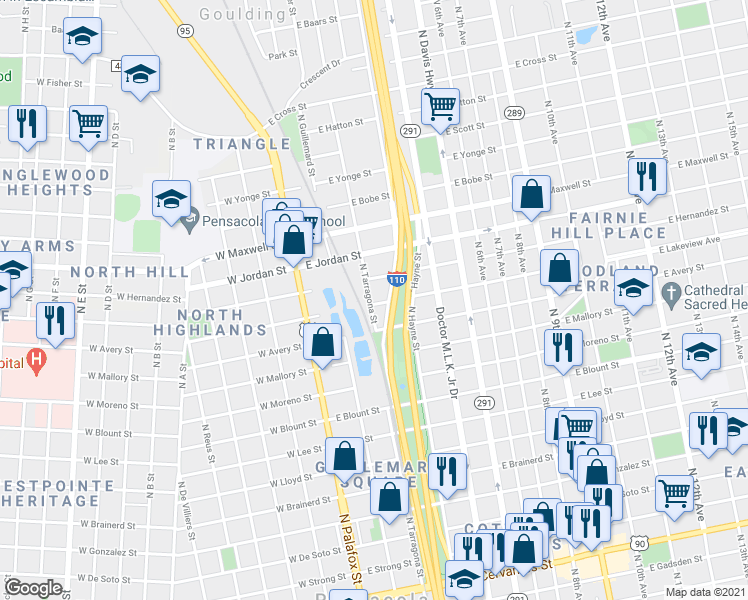 map of restaurants, bars, coffee shops, grocery stores, and more near 125 East Lakeview Avenue in Pensacola