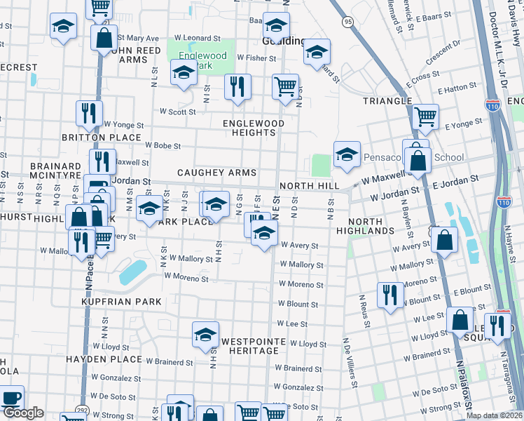 map of restaurants, bars, coffee shops, grocery stores, and more near 1990 North E Street in Pensacola