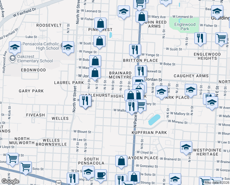 map of restaurants, bars, coffee shops, grocery stores, and more near 1919 North Q Street in Pensacola
