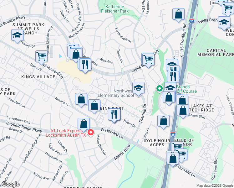 map of restaurants, bars, coffee shops, grocery stores, and more near 1806 Bench Mark Drive in Austin