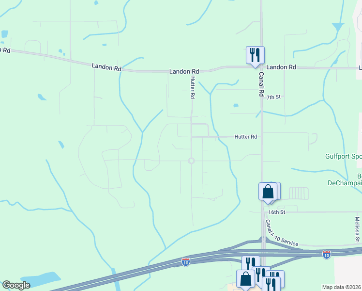 map of restaurants, bars, coffee shops, grocery stores, and more near 10001-10299 Hutter Road in Gulfport