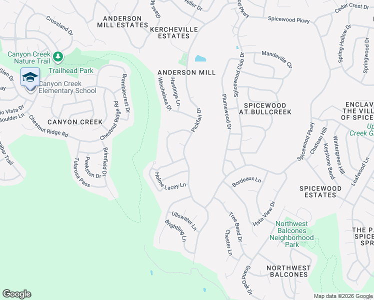 map of restaurants, bars, coffee shops, grocery stores, and more near 10407 Pickfair Drive in Austin