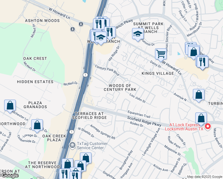 map of restaurants, bars, coffee shops, grocery stores, and more near 13505 Burnet Road in Austin