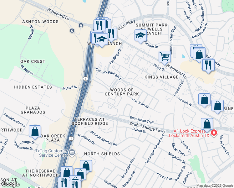 map of restaurants, bars, coffee shops, grocery stores, and more near 48 Grand Boulevard in Austin