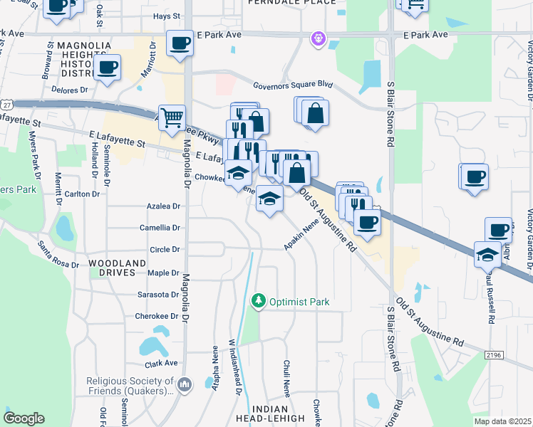 map of restaurants, bars, coffee shops, grocery stores, and more near 1414 Chowkeebin Nene in Tallahassee