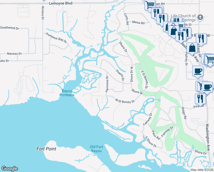 map of restaurants, bars, coffee shops, grocery stores, and more near 6200 Hermosa Drive in Ocean Springs