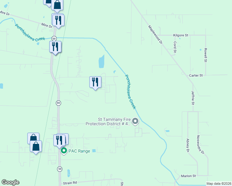 map of restaurants, bars, coffee shops, grocery stores, and more near General Patton Boulevard in Mandeville
