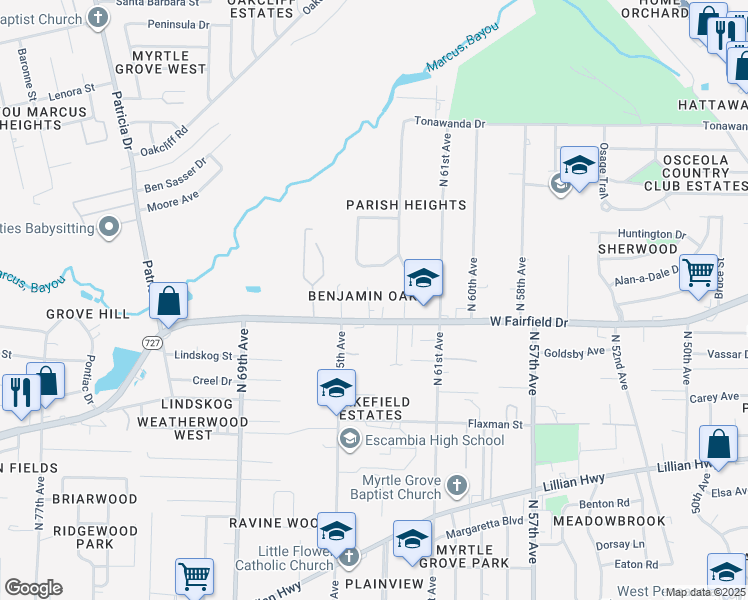 map of restaurants, bars, coffee shops, grocery stores, and more near 6332 West Fairfield Drive in Pensacola