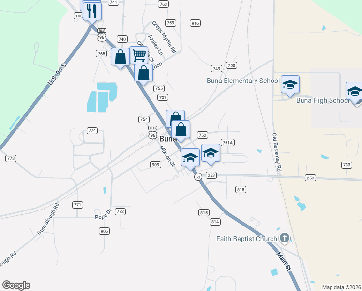 map of restaurants, bars, coffee shops, grocery stores, and more near 936 Texas 62 in Buna