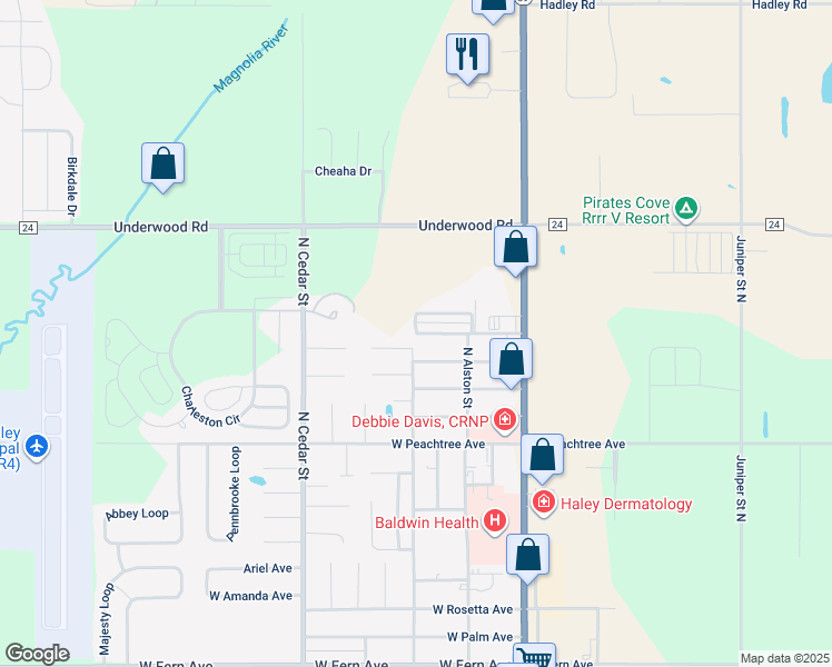 map of restaurants, bars, coffee shops, grocery stores, and more near 201 North Pine Street in Foley