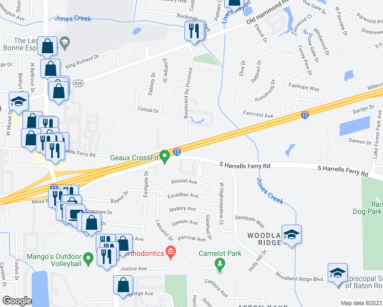 map of restaurants, bars, coffee shops, grocery stores, and more near 12451 South Harrells Ferry Road in Baton Rouge