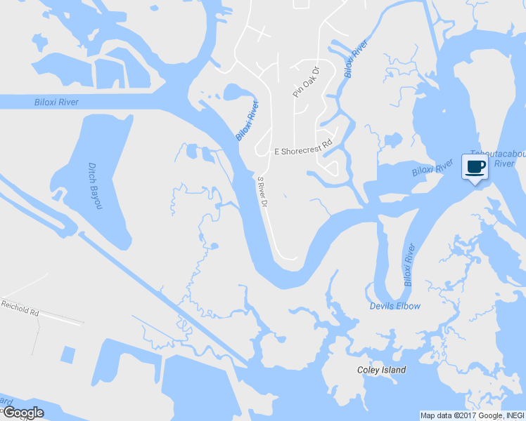 map of restaurants, bars, coffee shops, grocery stores, and more near 10207 South River Drive in Biloxi