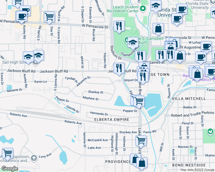 map of restaurants, bars, coffee shops, grocery stores, and more near 1605 Airport Drive in Tallahassee