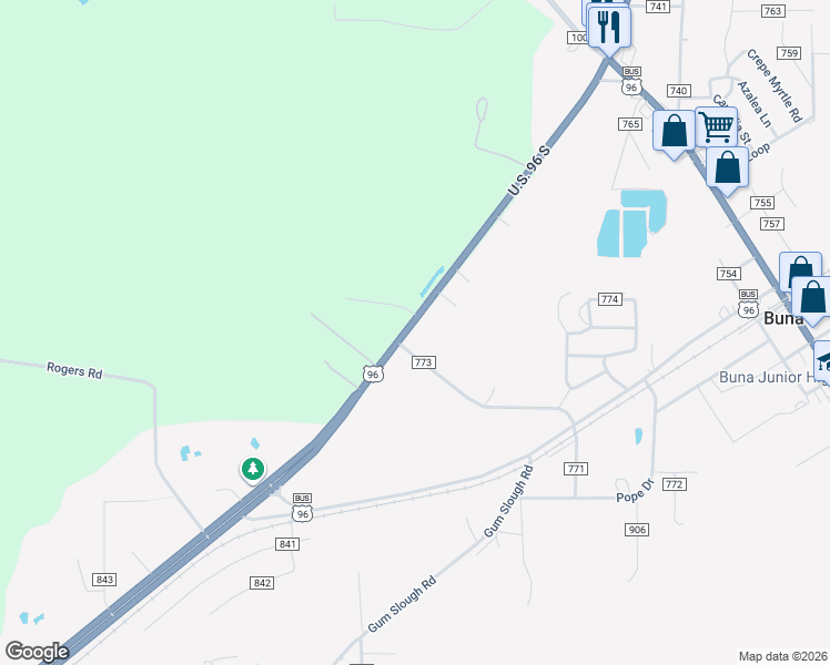 map of restaurants, bars, coffee shops, grocery stores, and more near 35823 U.S. 96 South in Buna
