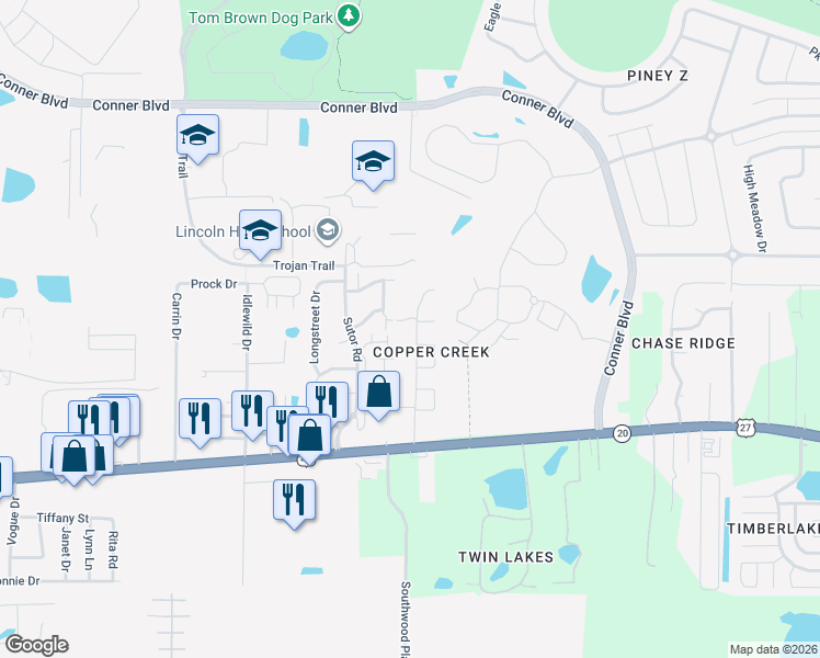 map of restaurants, bars, coffee shops, grocery stores, and more near 1174 Copper Creek Drive in Tallahassee