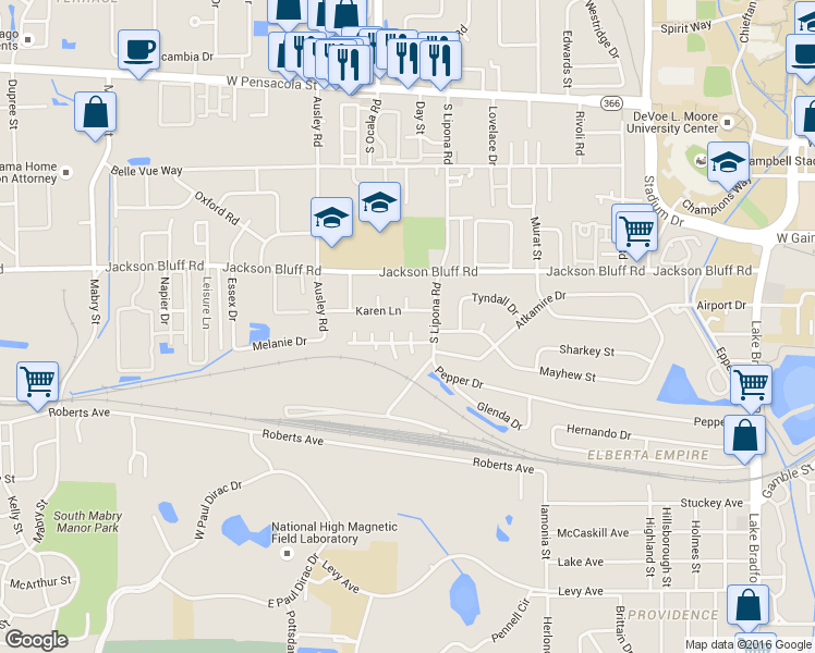 map of restaurants, bars, coffee shops, grocery stores, and more near 905 Brave Trail in Tallahassee