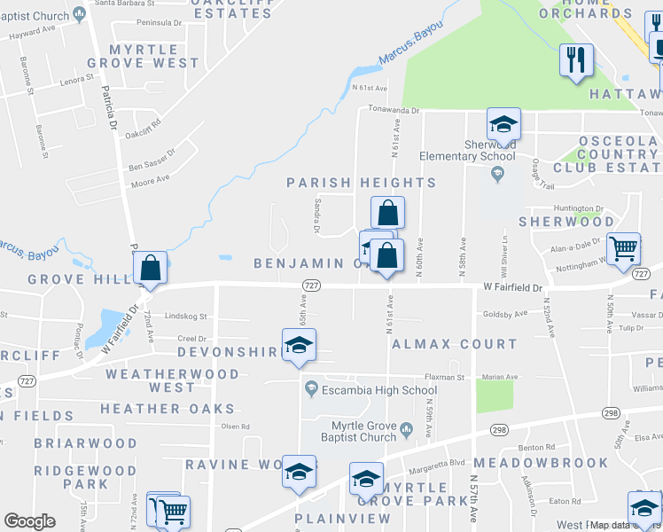 map of restaurants, bars, coffee shops, grocery stores, and more near 6310 West Fairfield Drive in Pensacola