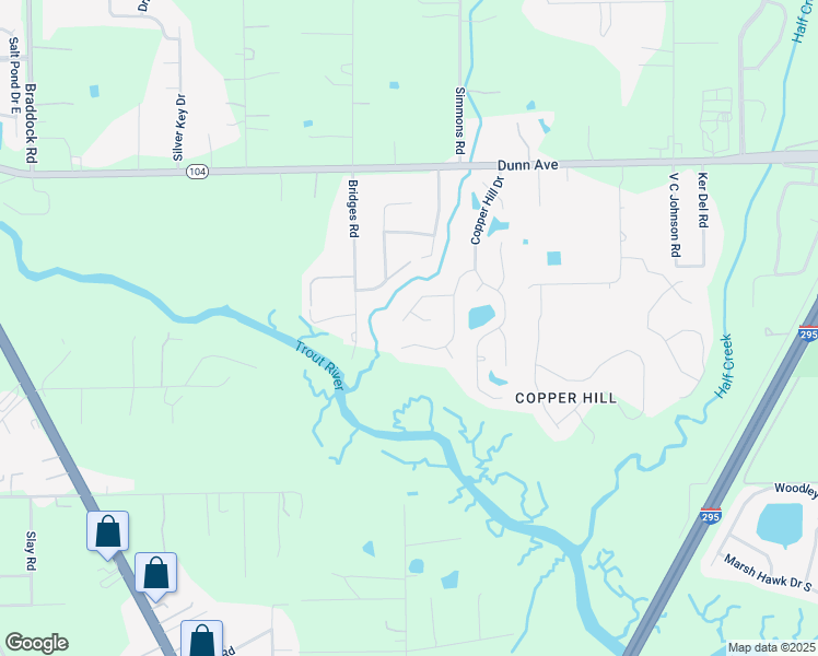 map of restaurants, bars, coffee shops, grocery stores, and more near 5965 Copper Creek Drive in Jacksonville