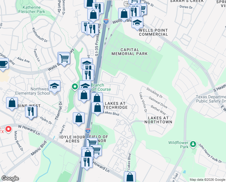 map of restaurants, bars, coffee shops, grocery stores, and more near 14201 North Interstate Highway 35 in Pflugerville