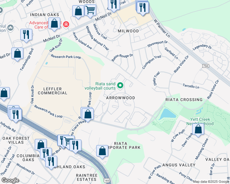 map of restaurants, bars, coffee shops, grocery stores, and more near 12340 Alameda Trace Circle in Austin