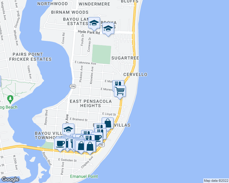 map of restaurants, bars, coffee shops, grocery stores, and more near 3303 East Moreno Street in Pensacola