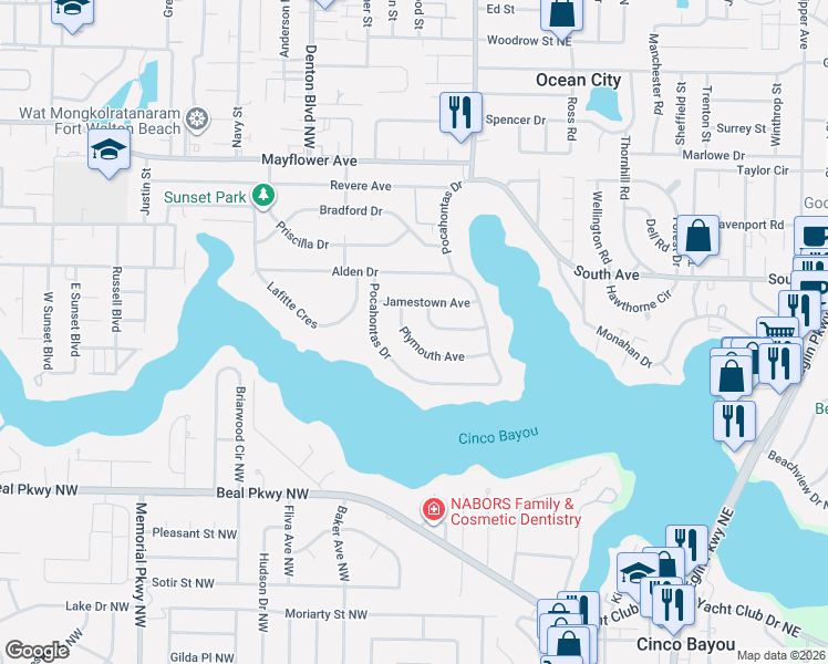 map of restaurants, bars, coffee shops, grocery stores, and more near 562 Pocahontas Drive in Fort Walton Beach