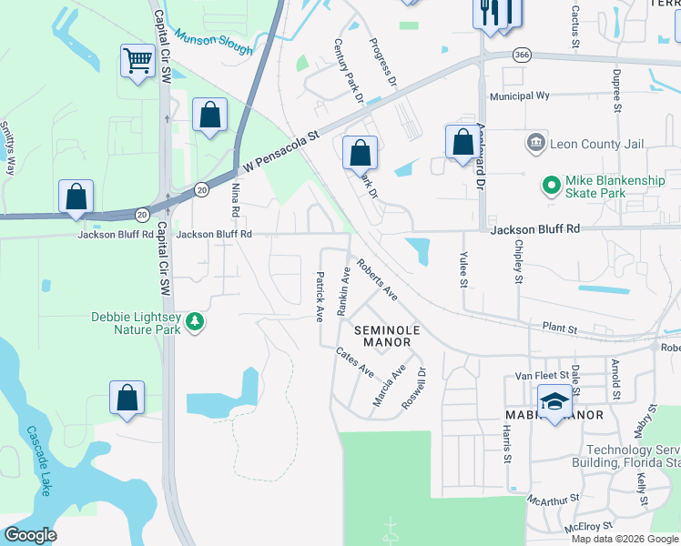 map of restaurants, bars, coffee shops, grocery stores, and more near 1525 Patrick Avenue in Tallahassee