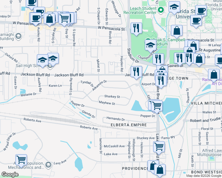 map of restaurants, bars, coffee shops, grocery stores, and more near 1646 Sharkey Street in Tallahassee