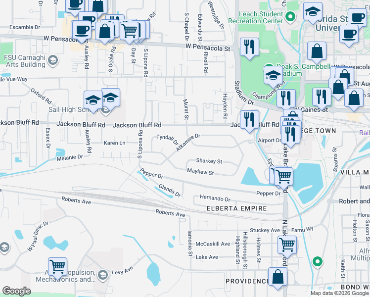 map of restaurants, bars, coffee shops, grocery stores, and more near 1674 Sharkey Street in Tallahassee