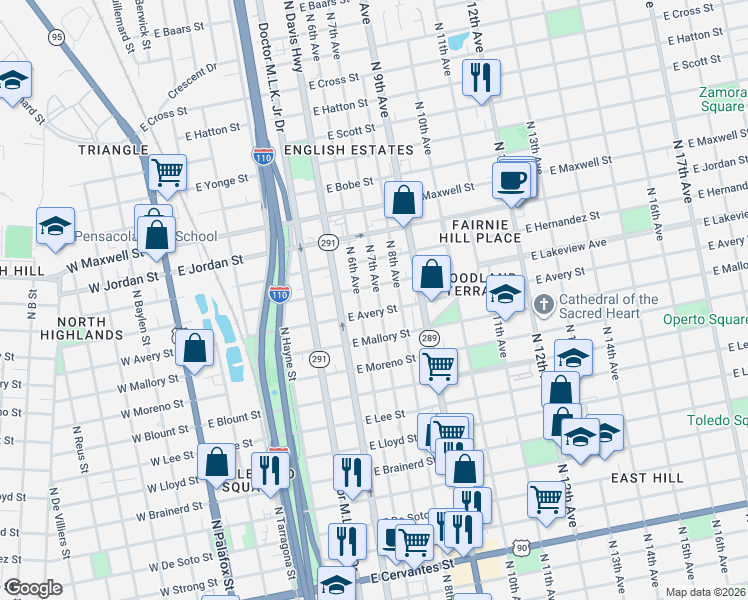 map of restaurants, bars, coffee shops, grocery stores, and more near 651 East Avery Street in Pensacola