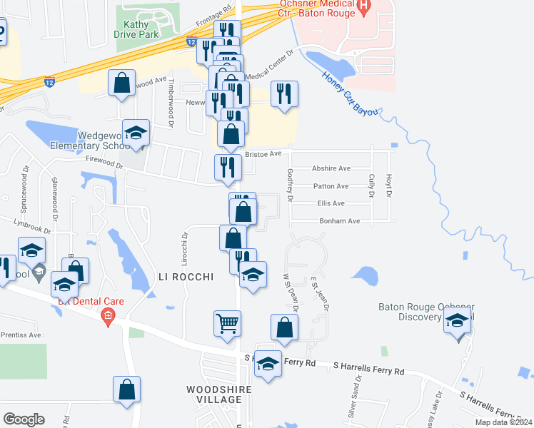 map of restaurants, bars, coffee shops, grocery stores, and more near 2525 O'Neal Lane in Baton Rouge