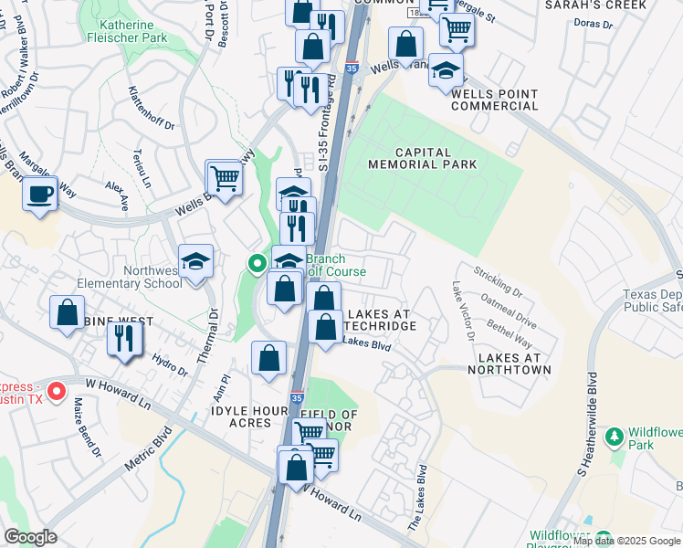 map of restaurants, bars, coffee shops, grocery stores, and more near 14199 Interstate 35 in Pflugerville