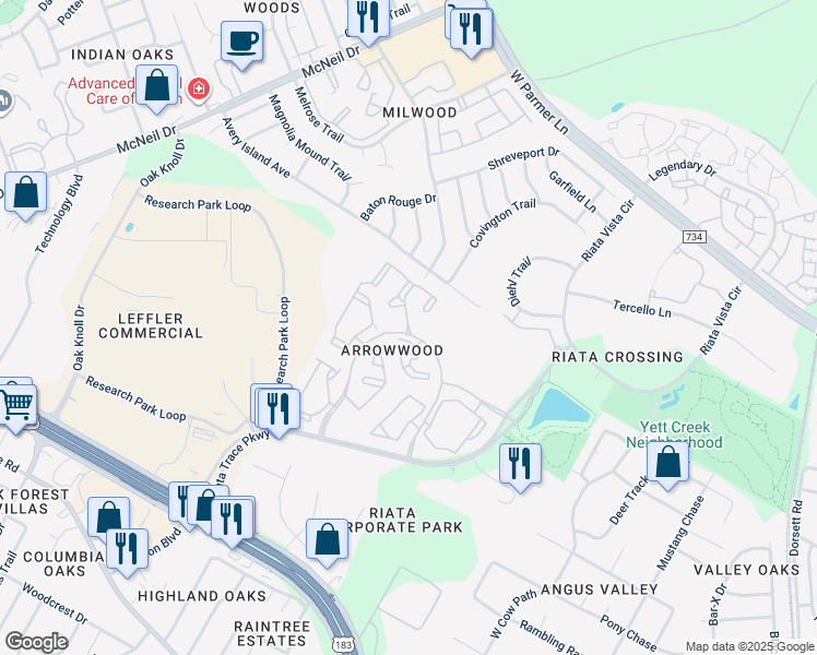 map of restaurants, bars, coffee shops, grocery stores, and more near 12405 Alameda Trace Circle in Austin