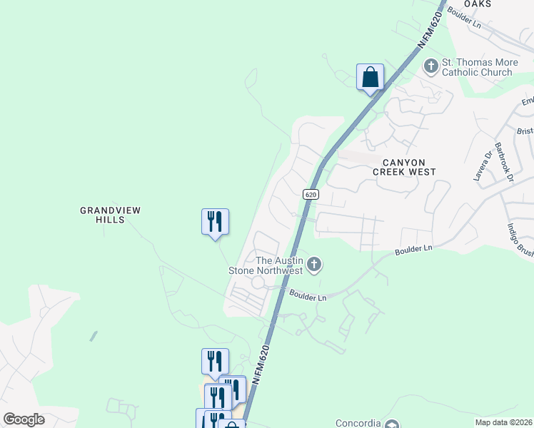 map of restaurants, bars, coffee shops, grocery stores, and more near 9108 Bayshore Bend in Austin